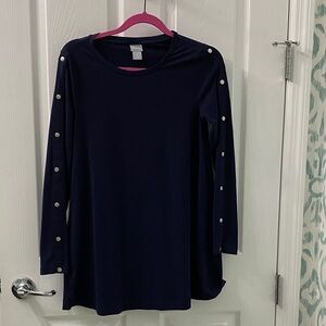 Chico's Long Sleeve Navy Tunic with Metal Button Accents and Flair Hem 0 Small